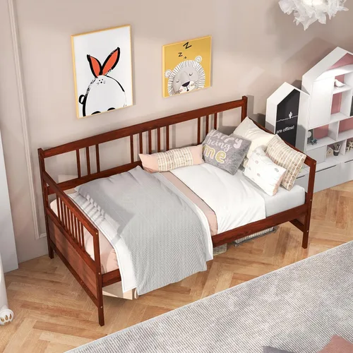 Vista 8 de Giantex - Marco de cama doble de día, sofá cama de madera con rieles y soporte de listones de madera, marco de cama de plataforma tamaño individual