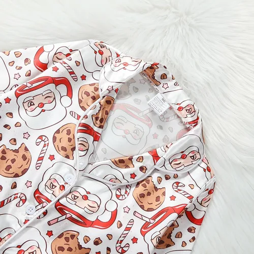 Vista 4 de BULINGNA Conjunto de pijama de dos piezas de Navidad para niños y niñas pequeñas, pijama de satén con diseño de galleta de Papá Noel y pantalones
