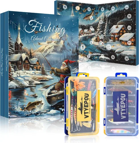 Vista 7 de Calendario de Adviento de pesca de cuenta regresiva de Navidad, juego de señuelos de pesca de 24 días para pescador, adultos, hombres, adolescentes
