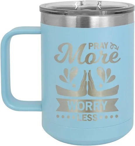 Vista 9 de PRAY MORE WORRY Less 15 oz taza de café con tapa superior deslizante Taza de café de viaje aislado Ideas de regalo de cumpleaños o Navidad