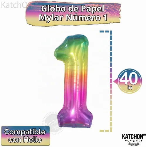 Vista 2 de KatchOn, Globo gigante arcoíris número 1 – 40 pulgadas Globos de teñido anudado Decoraciones de primer cumpleaños arcoíris para niña 1 globo