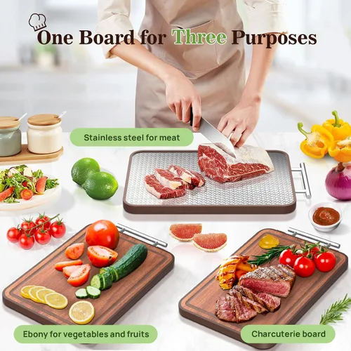 Vista 5 de Tabla de Cortar de Acero Inoxidable y Madera de Doble Cara Tablas de Cortar para Cocina - 2 en 1 Ébano Metal con Mango Resistente a Rayones Carne