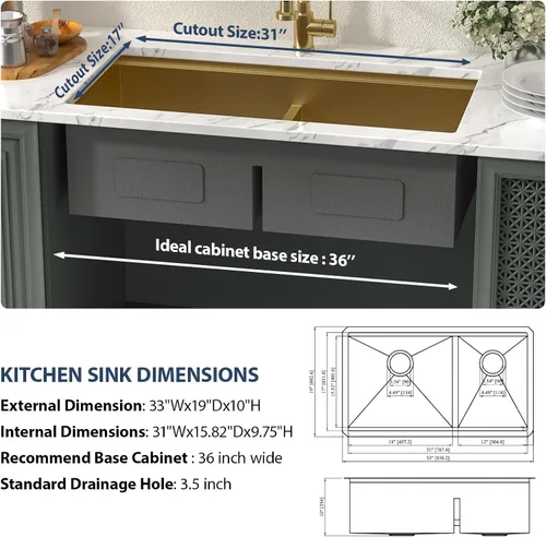 Vista 8 de Lordear 33 Inch Matte Gold Double Bowl Kitchen Sinks Gold-Workstation