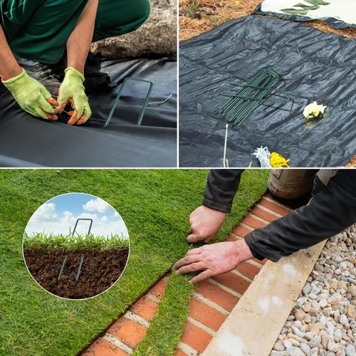 Vista 6 de Paquete de 10 grapas galvanizadas para paisaje, estacas de jardín en forma de U de 6 pulgadas, estacas de metal para tienda, estacas de tierra