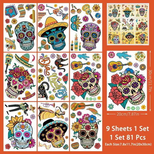 Vista 5 de Calcomanías para ventana del Día de los Muertos, Calaveras de Azúcar para ventana, calcomanías de Halloween para ventana, calcomanías de vidrio