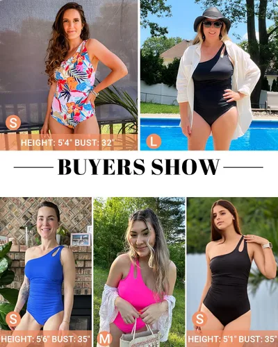 Vista 6 de Women's One Shoulder One Piece Tummy Control Swimsuit Full Coverage Diseño de ojo de cerradura, ajuste de cobertura completa, estilo modesto Negro