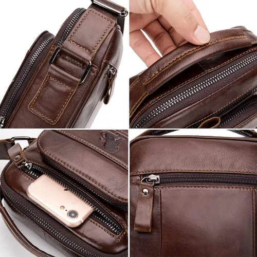 Vista 5 de Hebetag Bolso bandolera de cuero pequeño para hombre, para viajes al aire libre, negocios