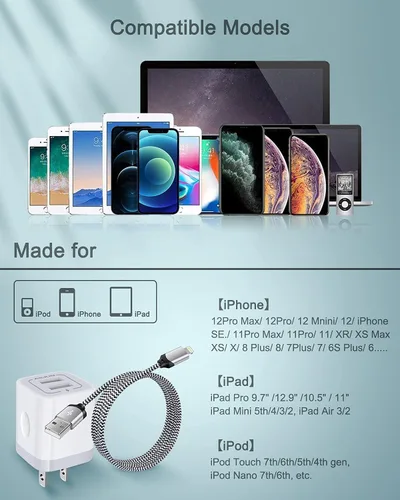 Vista 60 de AILKIN - Cargadores para iPhone con certificación MFI, cable Lightning trenzado de 6 pies de largo USB Wall Charger, Fast Charging Power Cord Plug