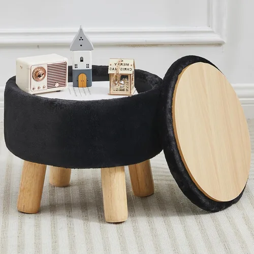 Vista 15 de Taburete pequeño otomano con almacenamiento, reposapiés otomano Sherpa para sofá, reposapiés redondo con almacenamiento, otomanas pequeñas y Negro