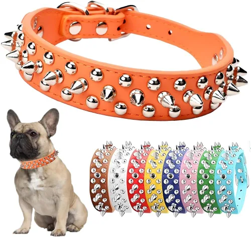 Vista 4 de Collar de perro con púas para perros pequeños, a prueba de masticación, collar de púas para perros y gatos, de piel sintética, con remaches