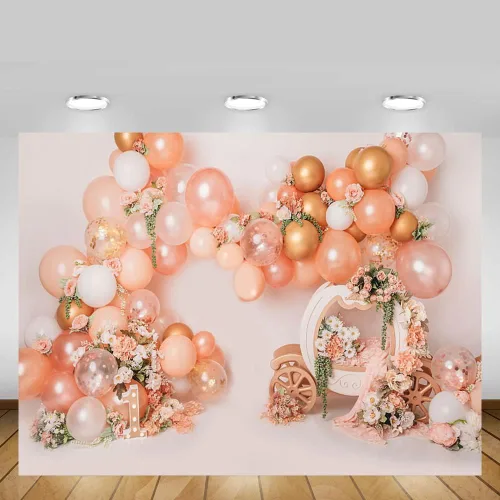 Vista 5 de MEHOFOND Fondo de globo rosa y dorado de 7 x 5 pies para primer cumpleaños, decoración de fiesta de primer cumpleaños, fotografía floral, carro