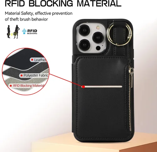 Vista 6 de UEEBAI Funda tipo cartera cruzada para iPhone 13 Pro Max de 6.7 pulgadas, tarjetero con función atril y bloqueo RFID, funda de piel sintética