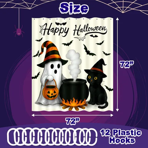 Vista 3 de Tieshankao Decoración de baño de Halloween, cortina de ducha de calabaza fantasma, gato, decoración espeluznante con 12 ganchos de 72 x 72 pulgadas