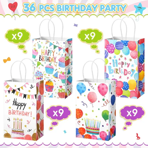 Vista 2 de Fulmoon 36 bolsas de regalo de feliz cumpleaños, a granel, bolsas de regalo de feliz cumpleaños con asa, suministros de papel colorido para fiestas