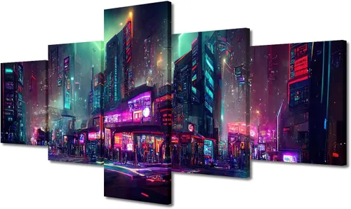 Vista 99 de Póster de 5 paneles en lienzo para decoración de pared, diseño de centro urbano Cyberpunk, impresión moderna, decoración de pared para el hogar