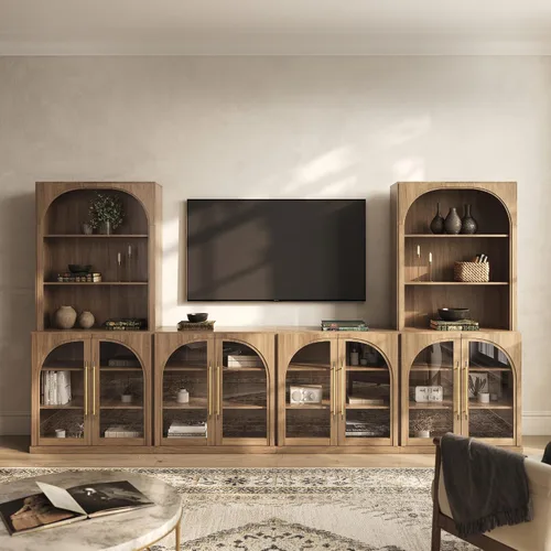 Vista 60 de BELLEZE Centro de entretenimiento modular de 4 piezas con almacenamiento, 2 vitrinas de madera moderna con gabinete arqueado y 2 armarios de puerta
