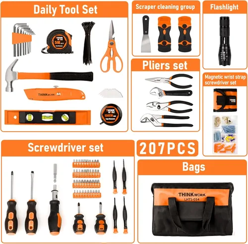 Vista 2 de THINKWORK Juego de herramientas – Kit de herramientas de reparación portátil de 207 piezas, juego de herramientas de mano para el hogar general