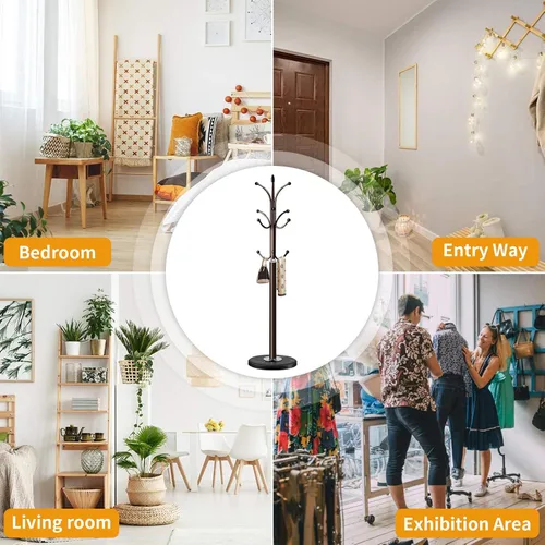 Vista 6 de Perchero de metal con base de mármol natural, perchero independiente, árbol de pasillo resistente con 12 ganchos para colgar ropa, bolsos, bufandas