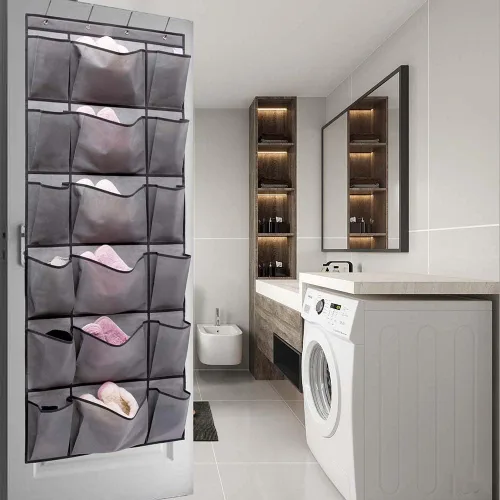 Vista 6 de Organizador de zapatos para colgar sobre la puerta con 6 bolsillos de tela extra grandes y 12 grandes para almacenamiento en el hogar (gris)