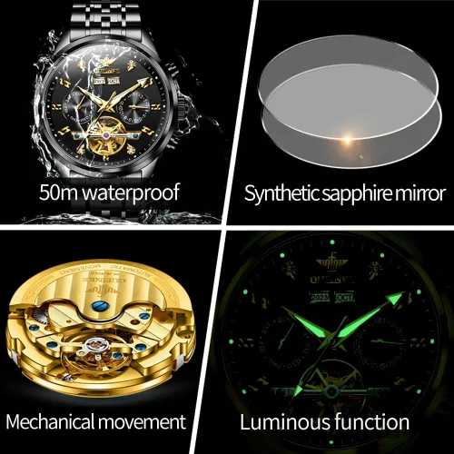 Vista 5 de OUPINKE Relojes Automáticos para Hombres Mecánicos Esqueleto Reloj de Vestir de Lujo para Hombre Acero de Tungsteno Resistente al Agua Luminoso