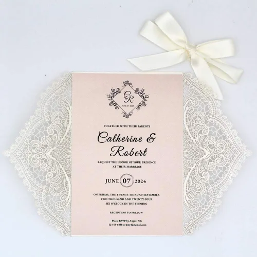 Vista 7 de 1 muestra de invitación de boda de 5 x 7 pulgadas, corte láser, invitaciones de boda rosa rubor de encaje con sobres para bodas, despedidas