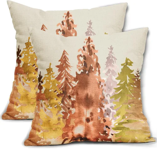 Vista 9 de Juego de 2 fundas de almohada de árbol de acuarela de invierno de 16 x 16 pulgadas, color azul y verde, estilo rústico, estampado de bosque natural