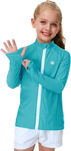 Vista 2 de AOBUTE Camiseta unisex con cremallera para niños, protección UV UPF 50+, con agujero para el pulgar, de 3 a 12 años