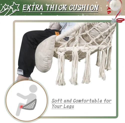 Vista 4 de Silla hamaca con cojín, silla columpio de macramé hecha a mano con kits de accesorios para colgar, estilo bohemio, silla colgante de cuerda de Beige