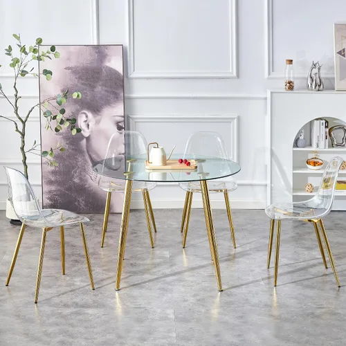 Vista 6 de A Glass Tabletop with a Diameter of 40 inches and a Modern Minimalist Circular Dining Table with Gold Plated Metal Legs. 40 '* 40' * 30 ' DT 1164