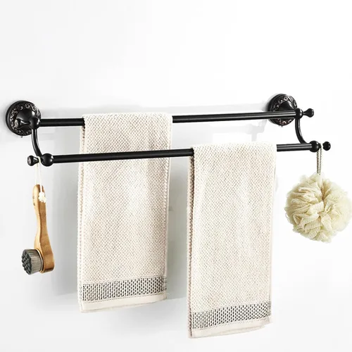 Vista 3 de Barra doble para toallas de bronce aceitado frotado de latón, ajustable de 15.5 a 27.5 pulgadas, soporte de barra para toallas de baño para portador