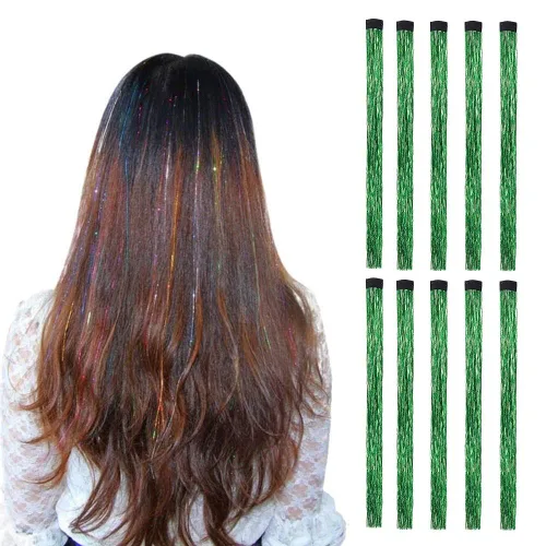Vista 13 de 10 unids/set de extensiones de pelo de oropel con clip, multicolores con purpurina, mechones de pelo de hadas para mujeres bronce