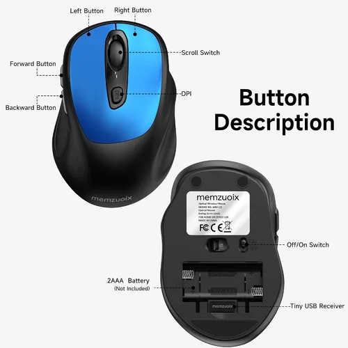 Vista 3 de memzuoix Wireless Mouse, 2.4GHz Nano Receiver, 3 DPI Levels (800/1200/1600), 6 Buttons, Compatible with PC/Mac/Laptop (Blue)