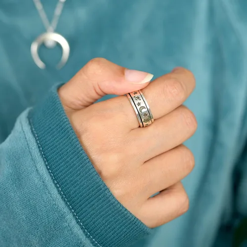 Vista 2 de Boho-Magic Anillo giratorio de plata de ley 925 para mujer con luna, estrellas y Saturno