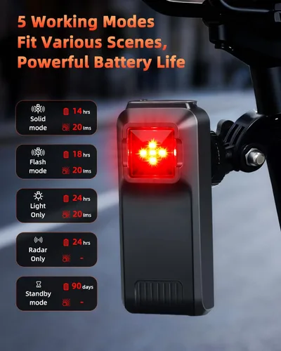 Vista 3 de WSDCAM Luz trasera de radar para bicicleta, alertas visuales y audibles para vehículos de hasta 153 yardas de distancia, encendido/apagado