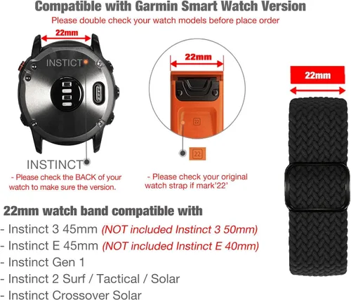 Vista 3 de Abanen Correa de reloj elástica Solo Loop de 0.876 pulgadas para Garmin Instinct 2 Solar/Instinct 3 de 1.772 pulgadas, correa trenzada ajustable