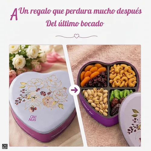 Vista 5 de Oh! Nuts Cesta de regalo de frutas secas y nueces en forma de corazón – 6 variedades dulces y saladas surtido de lata – pistachos, anacardos