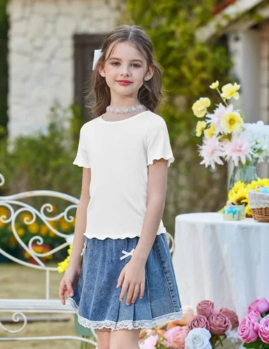 Vista 3 de Arshiner Camisas de manga corta con ribete de lechuga para niñas, camisetas de verano acanaladas con cuello redondo Blanco