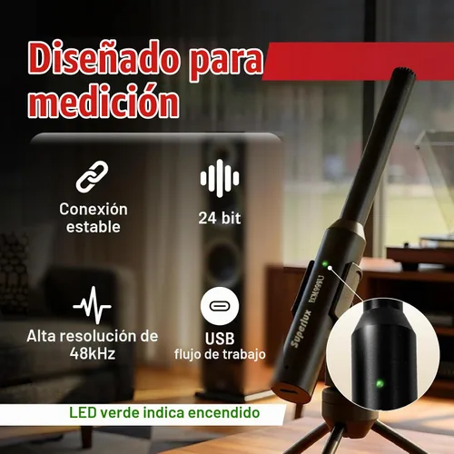 Vista 3 de Superlux ECM999U - Juego de micrófonos de medición USB, micrófono condensador Omni de campo libre para análisis acústico de habitación, prueba