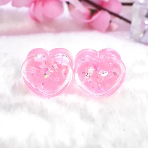 Vista 5 de 6 unids3 pares brillando Paillette en forma de corazón medidores de oreja túneles y enchufe acrílico dilatador de oreja Stud estirando