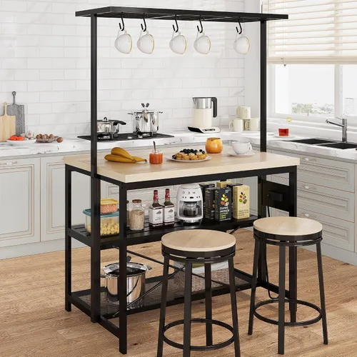 Vista 9 de Isla de cocina, estante para panaderos, mesa de isla para cocina, soporte de microondas de 3 niveles con almacenamiento, mesa de café grande