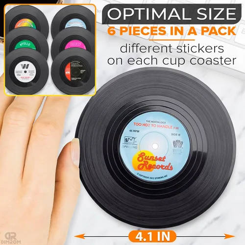 Vista 2 de 6 posavasos de vinilo para bebidas, tamaño de 4.1 pulgadas, duraderos y resistentes al calor Mini Record Coasters for Drinks to Protect Desk &
