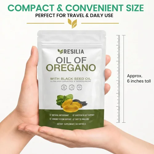 Vista 2 de Cápsulas blandas Resilia con aceite de semilla negra, cápsulas de aceite de orégano de grado premium para apoyo inmunológico y digestivo, cápsulas
