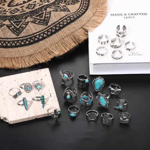 Vista 4 de Juego de 25 anillos de nudillos plateados vintage para mujeres y hombres, vaquera occidental, apilables, anillos midi abiertos apilables, anillos
