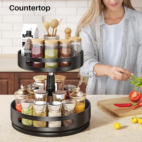 Vista 8 de Organizador Lazy Susan para Especias con Estante - Organizador de Especias Ajustable en Altura de 2 Niveles para Gabinete, Organizador de Especias