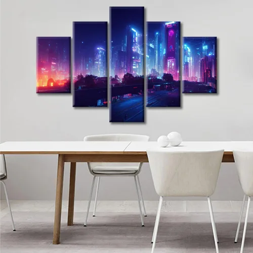 Vista 247 de Cuadros de 5 paneles de Cyberpunk City, arte de pared, representación de vallas publicitarias, edificios modernos en la capital con obras de arte