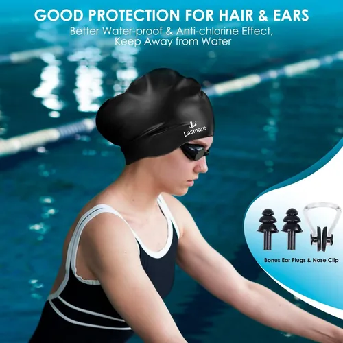 Vista 6 de Large Long Hair Swim Cap with Extra Room for Women Men, Silicone Swimming Cap for Long Thick Hair with Ear Plugs Nose Clip Set, Adult Waterproof
