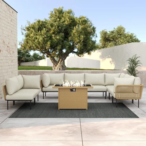 Vista 37 de LayinSun Juego de muebles de patio de aluminio de 7 piezas, sofá modular moderno con mesa auxiliar y cojín de grosor mejorado Gris claro