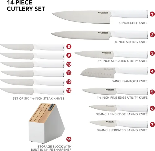 Vista 5 de Juego de bloque de cuchillos KitchenAid Classic Slim con afilador de cuchillos incorporado, cuchillos de cocina de acero inoxidable de alto carbono