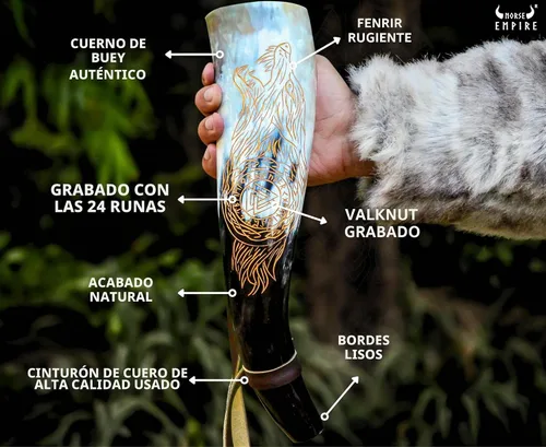 Vista 5 de Juego de cuerno de soplado rústico vikingo con soporte de madera y silbato, decoración de estilo tribal auténtico e instrumento de trompeta