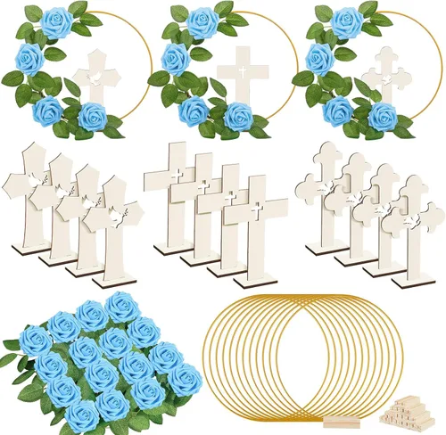 Vista 11 de Wesiti 48 piezas Centro de mesa para bautizo, decoración de mesa para primera comunión, 12 cruces de madera, 12 aros florales con soporte, 24 rosas
